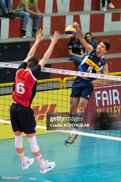 In attack Matheus Motzo during the Italy-Swiss match in the qualifying round for the European Championships for Men Under 20 Volleyball . Italy wins...