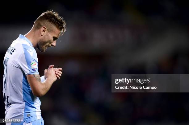 Ciro Immobile of SS Lazio looks dejected after suffering an injury during the Serie A football match between Torino FC and SS Lazio. SS Lazio won 1-0...