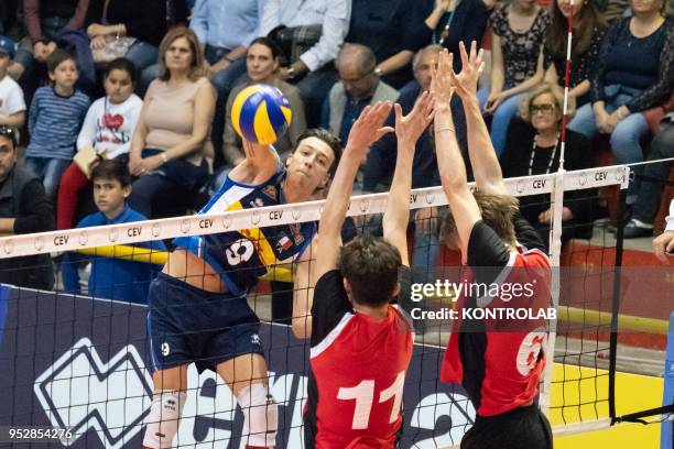 In attack Francesco Recine during the Italy-Swiss match in the qualifying round for the European Championships for Men Under 20 Volleyball . Italy...