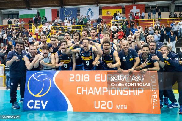 The Italian National celebrates the victory of the Italy-Swiss match and the qualifies for the European Championships for Men Under 20 Volleyball ....