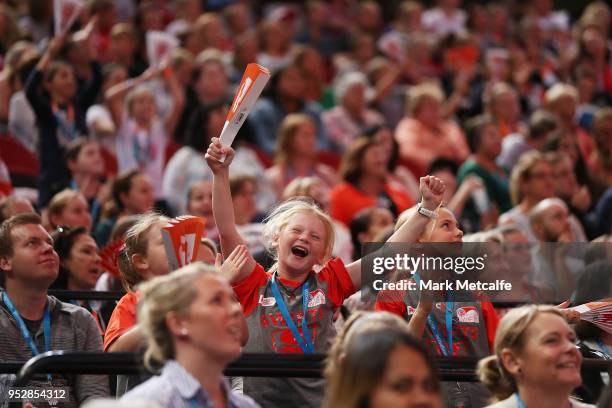 Swifts fans show their support during the Super Netball round 1 match between Giants Netball and Sunshine Coast Lightning at Qudos Bank Arena on...