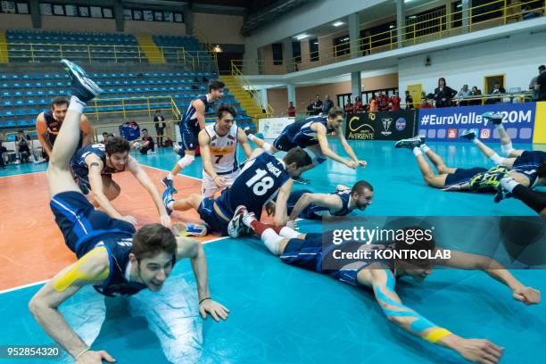 The Italian National team celebrates the victory of the Italy-Swiss match and the qualifies for the European Championships for Men Under 20...