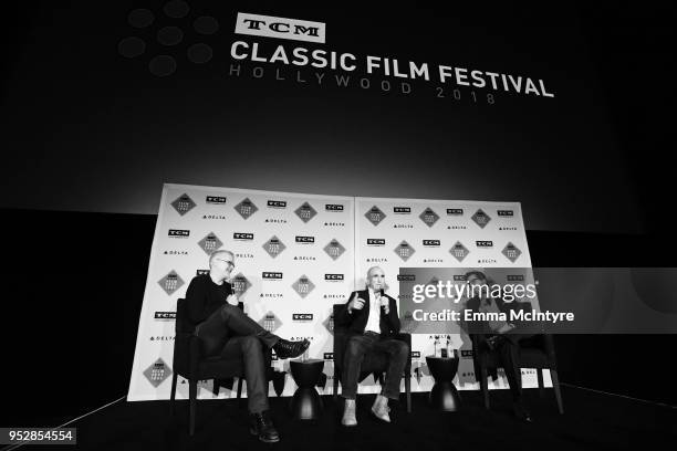 Actor Tim Robbins, Screenwriter Ron Shelton and TCM host Ben Mankiewicz speak onstage at the screening of 'Bull Durham' during day 4 of the 2018 TCM...