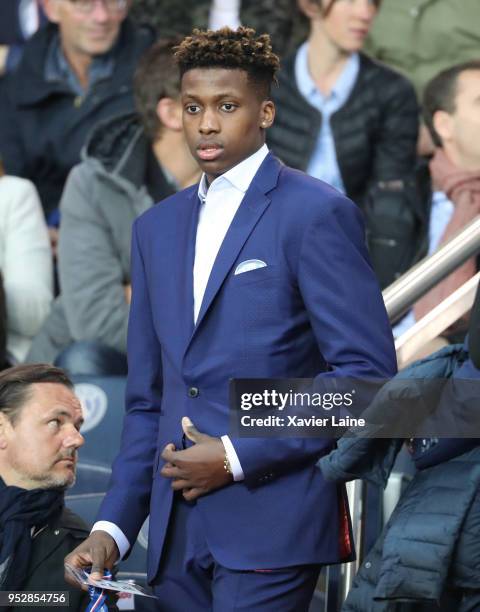 Frank Ntilikina attends the Ligue 1 match between Paris Saint Germain and EA Guingamp at Parc des Princes on April 29, 2018 in Paris.