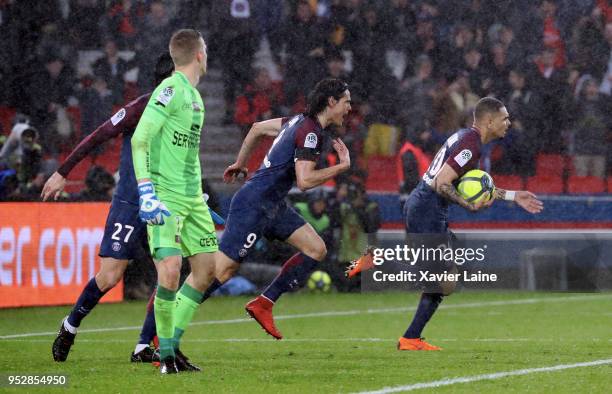 Edinson Cavani of Paris Saint-Germain celebrate his first goal with Layvin Kurzawa during the Ligue 1 match between Paris Saint Germain and EA...