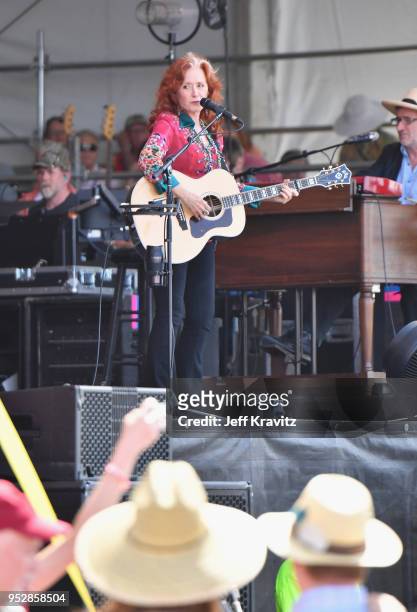 Bonnie Raitt performs onstage during Day 2 of 2018 New Orleans Jazz & Heritage Festival at Fair Grounds Race Course on April 28, 2018 in New Orleans,...