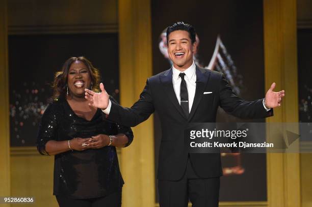 Co-hosts Sheryl Underwood and Mario Lopez speak onstage during the 45th annual Daytime Emmy Awards at Pasadena Civic Auditorium on April 29, 2018 in...