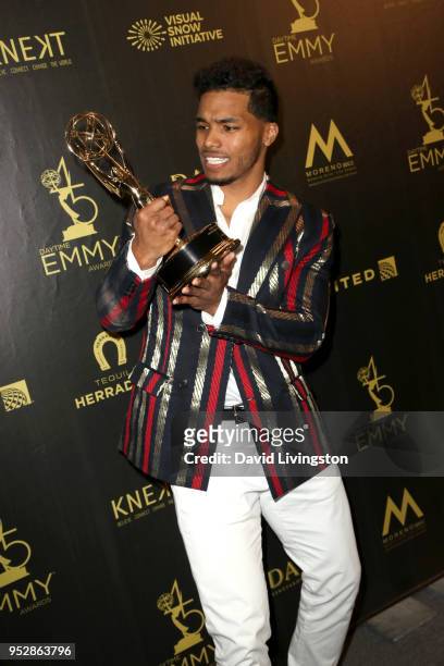 Rome Flynn, winner of Outstanding Younger Actor in a Drama Series for 'The Bold and the Beautiful', poses in the press room during the 45th annual...