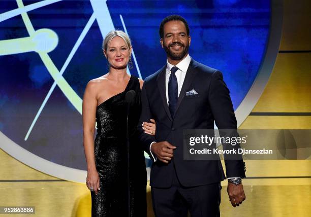 Sharon Case and Kristoff St. John speak onstage during the 45th annual Daytime Emmy Awards at Pasadena Civic Auditorium on April 29, 2018 in...