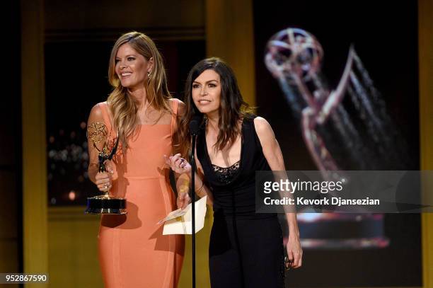 Michelle Stafford and Finola Hughes speak onstage during the 45th annual Daytime Emmy Awards at Pasadena Civic Auditorium on April 29, 2018 in...