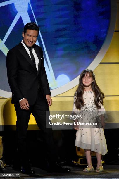 Co-host Mario Lopez and Gia Francesca Lopez speak onstage during the 45th annual Daytime Emmy Awards at Pasadena Civic Auditorium on April 29, 2018...