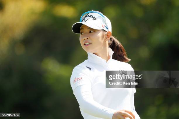 Asuka Kashiwabara walks down the first hole during the final round of the CyberAgent Ladies Golf Tournament at Grand fields Country Club on April 29,...