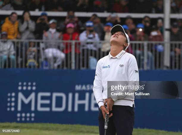 Lydia Ko of New Zealand reacts after making an eagle to win the Mediheal Championship at Lake Merced Golf Club on April 29, 2018 in Daly City,...