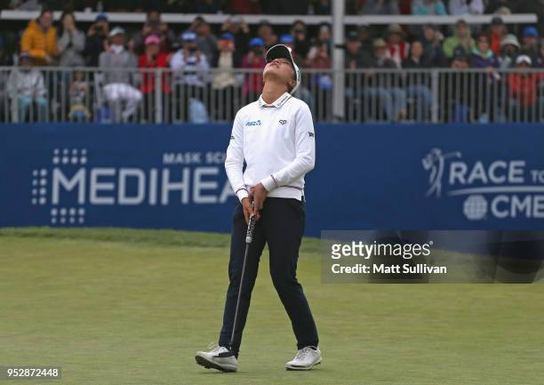 Lydia Ko of New Zealand reacts after making an eagle to win the Mediheal Championship at Lake Merced Golf Club on April 29, 2018 in Daly City,...