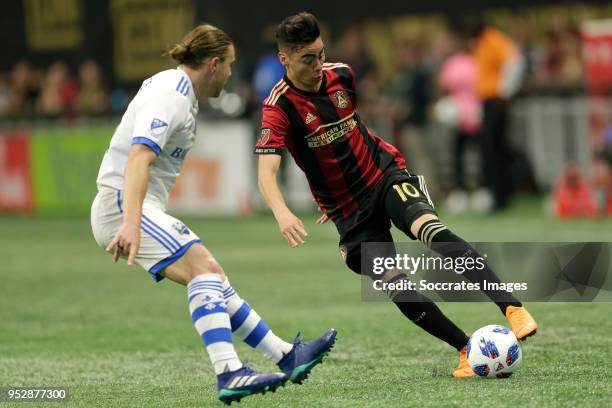 Miquel Almiron of Atlanta United during the match between Atlanta United FC v Montreal Impact at the Mercedes-Benz Stadium on April 28, 2018 in...