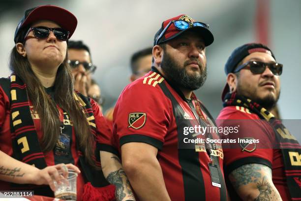 Supporters of Atlanta United during the match between Atlanta United FC v Montreal Impact at the Mercedes-Benz Stadium on April 28, 2018 in Atlanta...