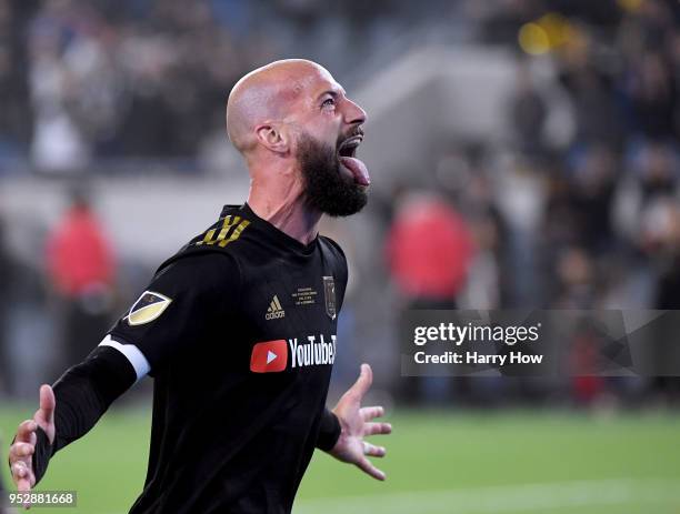 Laurent Ciman of Los Angeles FC celebrates a 1-0 win over the Seattle Sounders in extra time during the inaugural home game at Banc of California...