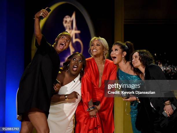 Aisha Tyler, Sheryl Underwood, Eve, Julie Chen and Sara Gilbert, winners of Outstanding Talk Show Entertainment for 'The Talk', accept award onstage...