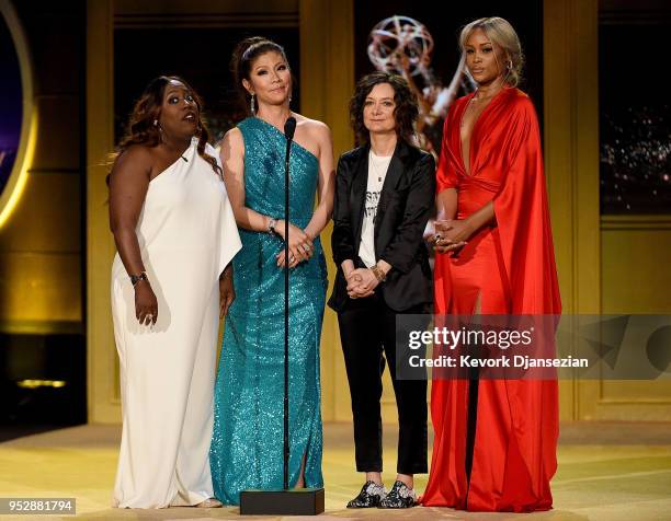 Sheryl Underwood, Julie Chen, Sara Gilbert and Eve speak onstage during the 45th annual Daytime Emmy Awards at Pasadena Civic Auditorium on April 29,...