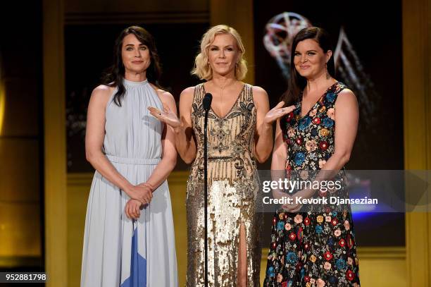 Rena Sofer, Katherine Kelly Lang and Heather Tom speak onstage during the 45th annual Daytime Emmy Awards at Pasadena Civic Auditorium on April 29,...