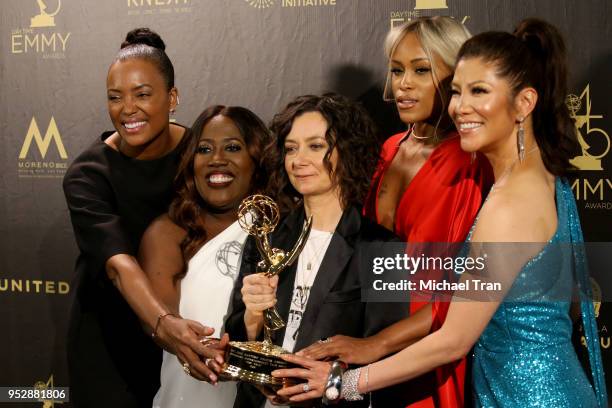 Aisha Tyler, Sheryl Underwood, Sara Gilbert, Eve and Julie Chen, winners of Outstanding Talk Show Entertainment for 'The Talk', pose in the press...