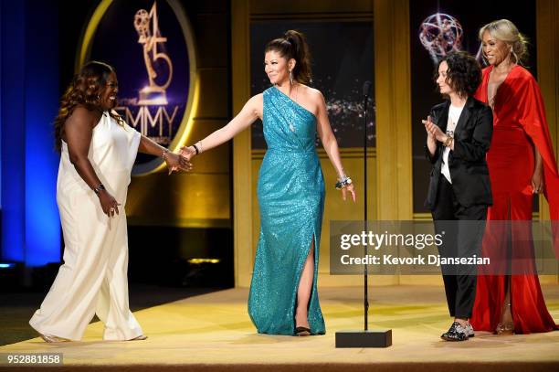 Sheryl Underwood, Julie Chen, Sara Gilbert and Eve speak onstage during the 45th annual Daytime Emmy Awards at Pasadena Civic Auditorium on April 29,...