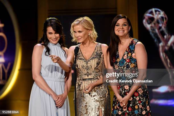 Rena Sofer, Katherine Kelly Lang and Heather Tom speak onstage during the 45th annual Daytime Emmy Awards at Pasadena Civic Auditorium on April 29,...