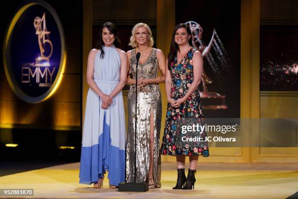 Rena Sofer, Katherine Kelly Lang and Heather Tom speak onstage during the 45th annual Daytime Emmy Awards at Pasadena Civic Auditorium on April 29,...