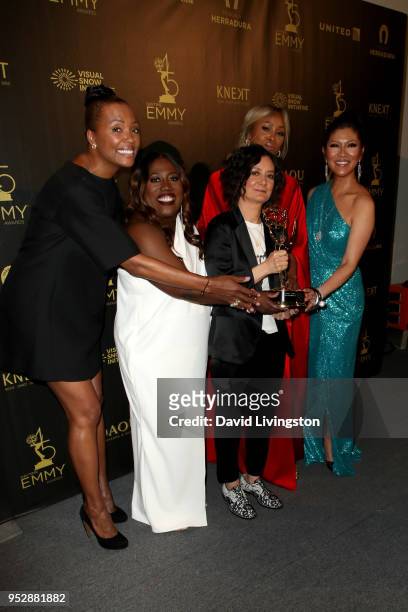 Aisha Tyler, Sheryl Underwood, Sara Gilbert, Eve and Julie Chen, winners of Outstanding Talk Show Entertainment for 'The Talk', pose in the press...