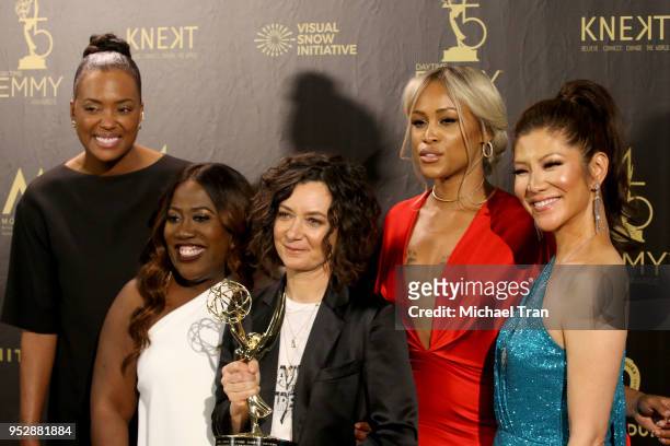 Aisha Tyler, Sheryl Underwood, Sara Gilbert, Eve and Julie Chen, winners of Outstanding Talk Show Entertainment for 'The Talk', pose in the press...