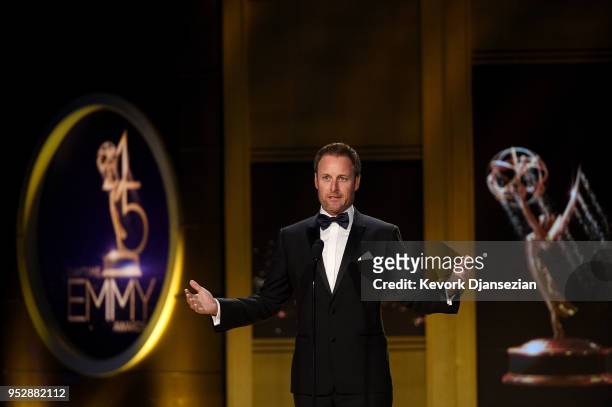 Chris Harrison speaks onstage during the 45th annual Daytime Emmy Awards at Pasadena Civic Auditorium on April 29, 2018 in Pasadena, California.