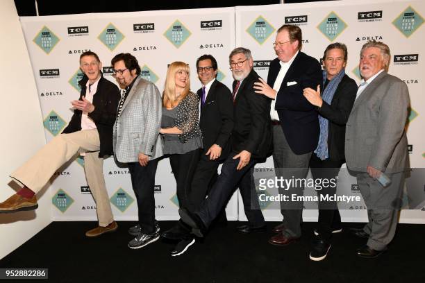 Actors Mark Metcalf, Stephen Bishop, and Martha Smith, TCM host Ben Mankiewicz, director John Landis, and actors James Widdoes, Tim Matheson, and...
