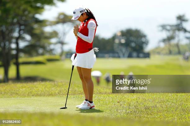 Bo-Mee Lee of Korea prepares to putt on the 15th hole during the final round of the CyberAgent Ladies Golf Tournament at Grand fields Country Club on...