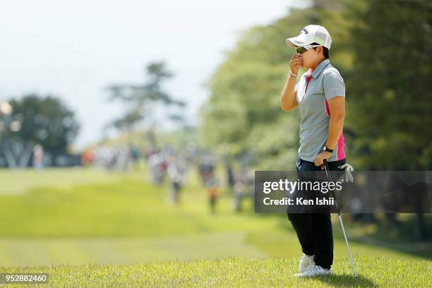 Hee-Kyung Bae of Korea looks on the final round of the CyberAgent Ladies Golf Tournament at Grand fields Country Club on April 29, 2018 in Mishima,...