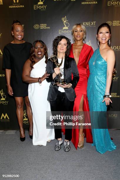 Aisha Tyler, Sheryl Underwood, Sara Gilbert, Eve and Julie Chen, winners of Outstanding Talk Show Entertainment for 'The Talk', pose in the press...