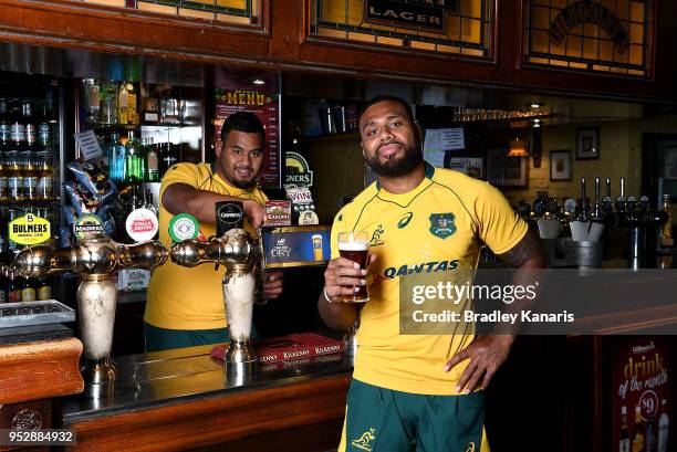 Samu Kerevi and Taniela Tupou pose for a photo during a Wallabies media opportunity to promote the upcoming Rugby Test series between Australia and...