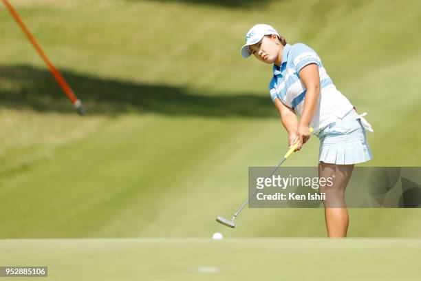 Ai Suzuki of Japan putts on the 14th hole during the final round of the CyberAgent Ladies Golf Tournament at Grand fields Country Club on April 29,...