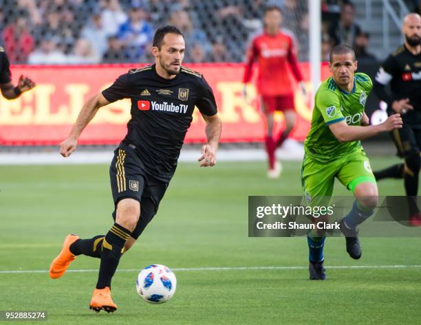 Marco Urena of Los Angeles FC during Los Angeles FC's MLS match against Seattle Sounders at the Banc of California Stadium on April 29, 2018 in Los...