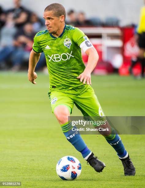 Osvaldo Alonso of Seattle Sounders during Los Angeles FC's MLS match against Seattle Sounders at the Banc of California Stadium on April 29, 2018 in...