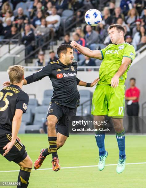 Will Bruin of Seattle Sounders heads the ball during Los Angeles FC's MLS match against Seattle Sounders at the Banc of California Stadium on April...