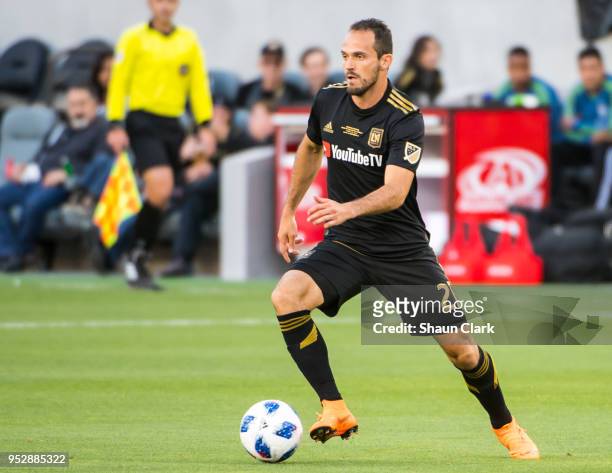 Marco Urena of Los Angeles FC during Los Angeles FC's MLS match against Seattle Sounders at the Banc of California Stadium on April 29, 2018 in Los...