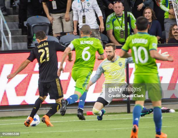 Marco Urena of Los Angeles FC takes a shot saved by Stefan Frei of Seattle Sounders during Los Angeles FC's MLS match against Seattle Sounders at the...