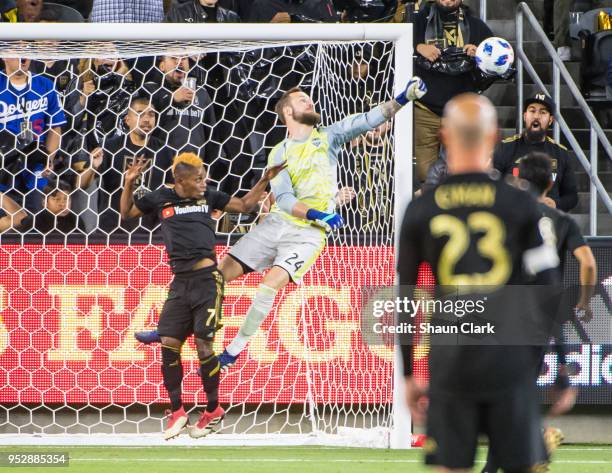 Stefan Frei of Seattle Sounders makes a big save during Los Angeles FC's MLS match against Seattle Sounders at the Banc of California Stadium on...
