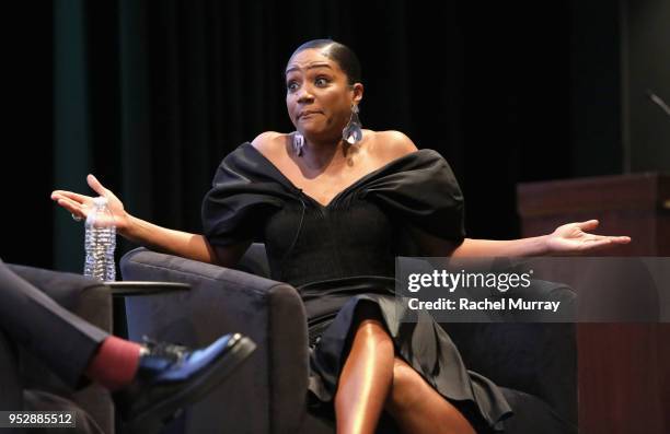 Tiffany Haddish speaks onstage during the For Your Consideration Red Carpet Event for TBS' Hipsters and O.G.'s at Steven J. Ross Theatre on the...