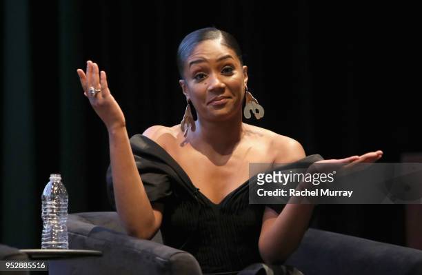 Tiffany Haddish speaks onstage during the For Your Consideration Red Carpet Event for TBS' Hipsters and O.G.'s at Steven J. Ross Theatre on the...