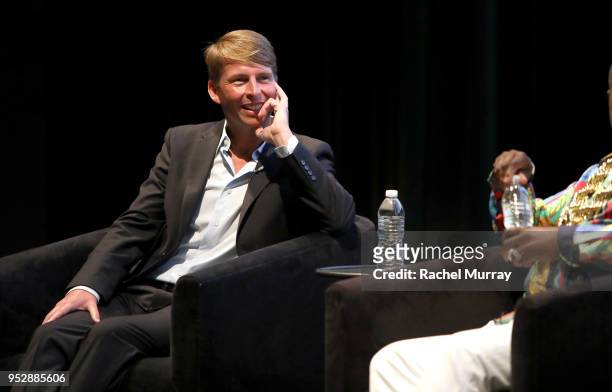 Jack McBrayer speaks onstage during the For Your Consideration Red Carpet Event for TBS' Hipsters and O.G.'s at Steven J. Ross Theatre on the Warner...