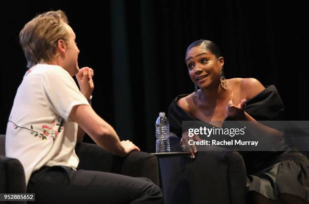 John Early and Tiffany Haddish speak onstage during the For Your Consideration Red Carpet Event for TBS' Hipsters and O.G.'s at Steven J. Ross...