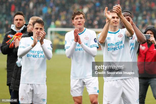 Santiago Arias of PSV, Sam Lammers of PSV, Daniel Schwaab of PSV during the Dutch Eredivisie match between ADO Den Haag v PSV at the Cars Jeans...