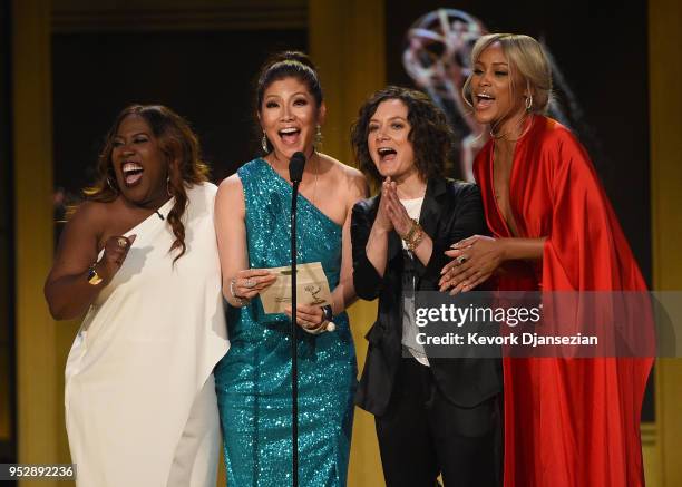 Sheryl Underwood, Julie Chen, Sara Gilbert and Eve speak onstage during the 45th annual Daytime Emmy Awards at Pasadena Civic Auditorium on April 29,...