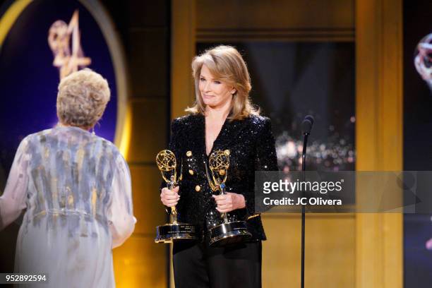Honorees Bill Hayes and Susan Seaforth Hayes accept the Lifetime Achievement Award from Deidre Hall onstage during the 45th annual Daytime Emmy...